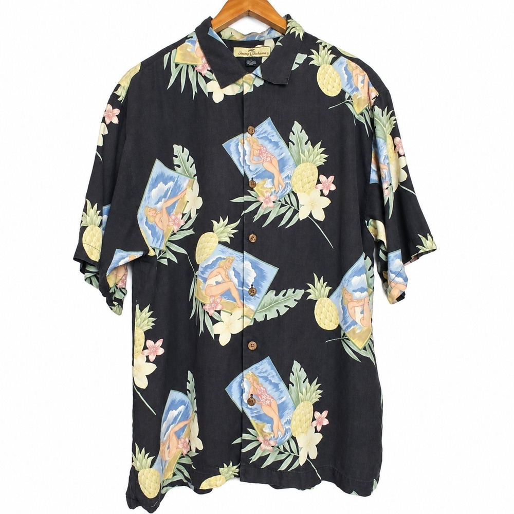 Tommy Bahama Men L 100% Silk Pinup Girl Pineapple Shirt Hawaiian Retro Resort